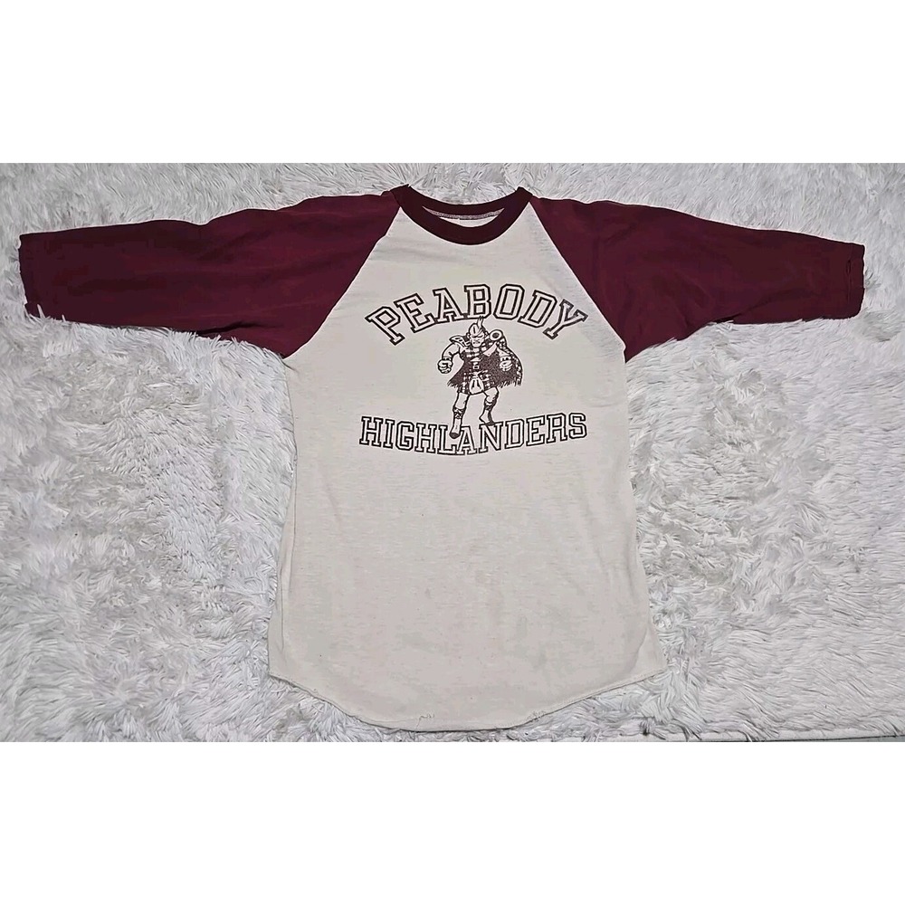 Vintage Peabody Highlanders M Shirt Raglan Pittsburgh PA Mascot Russell Distress